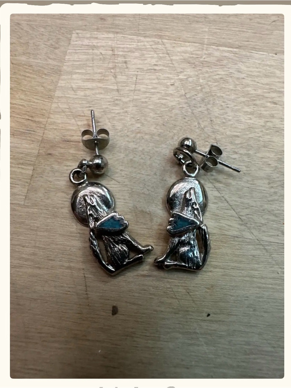 Vintage pewter wolf Drop Earrings with turquoise Accent